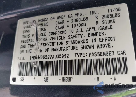 2007 Honda Accord 3.0 Ex from USA, damaged, VIN 1HGCM66527A035992